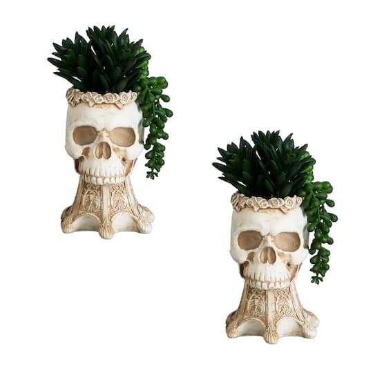 7" Artificial Halloween Succulent Garden in Skull Planters. 2ct. By Nearly Natural in Green | 4" x 4" x 7" | Michaels®
